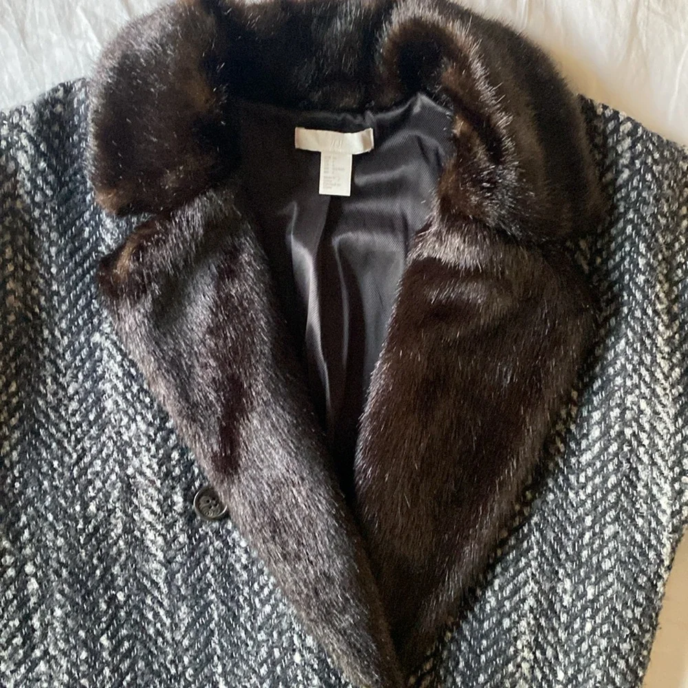 H&M Faux Fur Collar Tweed Wool Blend Long Coat Sz 6 - Picture 5 of 12